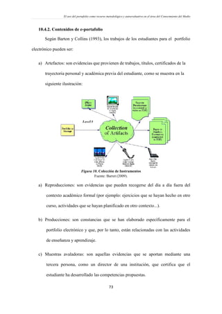 El uso del portafolio como recurso metodológico y autoevaluativo en el área del Conocimiento del Medio
73
10.4.2. Contenidos de e-portafolio
Según Barton y Collins (1993), los trabajos de los estudiantes para el portfolio
electrónico pueden ser:
a) Artefactos: son evidencias que provienen de trabajos, títulos, certificados de la
trayectoria personal y académica previa del estudiante, como se muestra en la
siguiente ilustración:
Figura 10. Colección de Instrumentos
Fuente: Barret (2009).
a) Reproducciones: son evidencias que pueden recogerse del día a día fuera del
contexto académico formal (por ejemplo: ejercicios que se hayan hecho en otro
curso, actividades que se hayan planificado en otro contexto...).
b) Producciones: son constancias que se han elaborado específicamente para el
portfolio electrónico y que, por lo tanto, están relacionadas con las actividades
de enseñanza y aprendizaje.
c) Muestras avaladoras: son aquellas evidencias que se aportan mediante una
tercera persona, como un director de una institución, que certifica que el
estudiante ha desarrollado las competencias propuestas.
 
