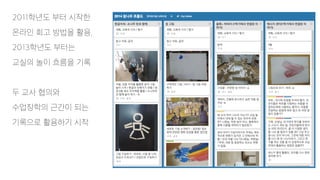 2011학년도 부터 시작한
온라인 회고 방법을 활용,
2013학년도 부터는
교실의 놀이 흐름을 기록
두 교사 협의와
수업장학의 근간이 되는
기록으로 활용하기 시작
 