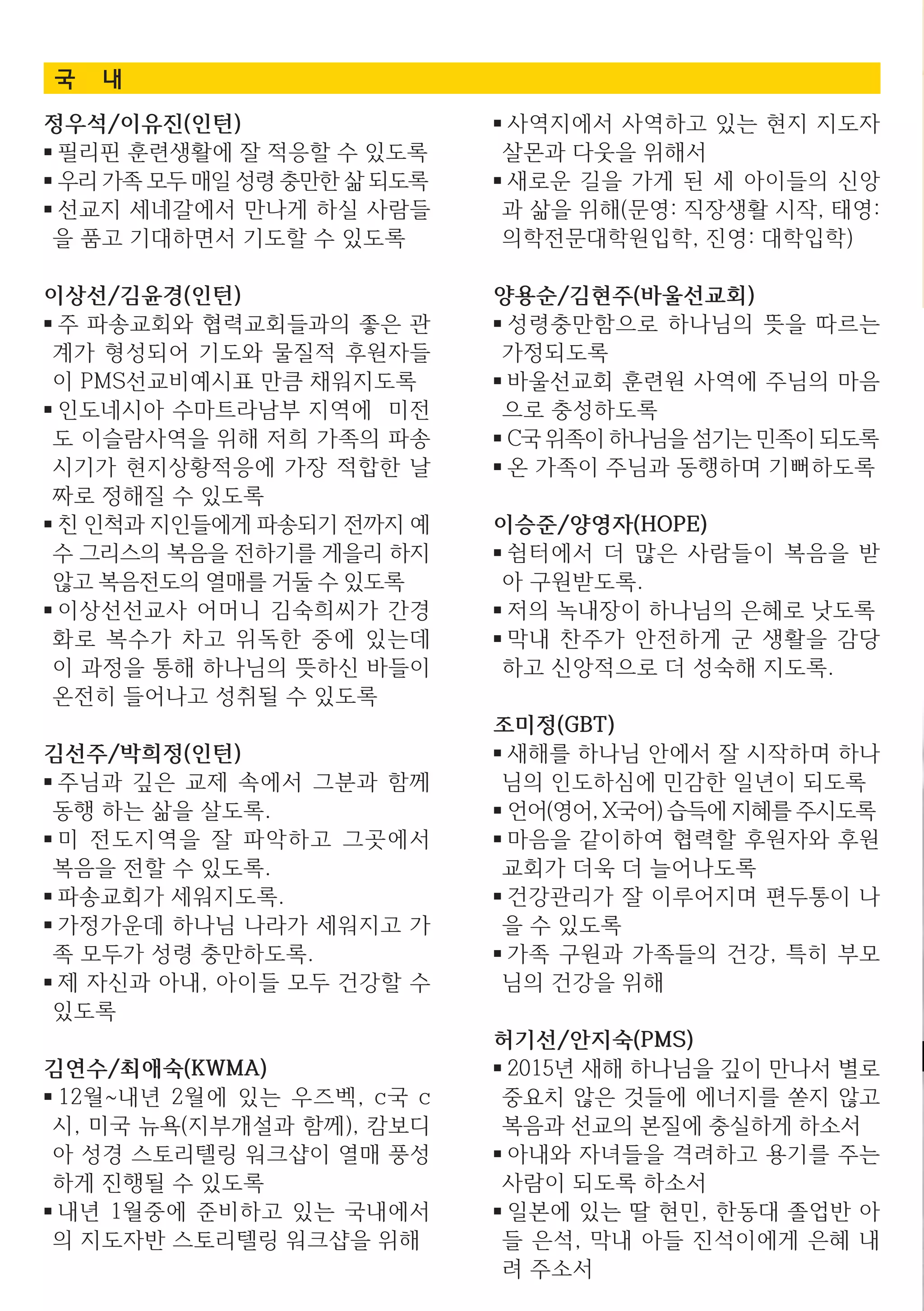 정우석/이유진(인턴)
■ 필리핀 훈련생활에 잘 적응할 수 있도록
■ 우리가족모두매일성령충만한삶되도록
■ 선교지 세네갈에서 만나게 하실 사람들
을 품고 기대하면서 기도할 수 있도록
이상선/김윤경(인턴)
■ 주 파송교회와 협력교회들과의 좋은 관
계가 형성되어 기도와 물질적 후원자들
이 PMS선교비예시표 만큼 채워지도록
■ 인도네시아 수마트라남부 지역에 미전
도 이슬람사역을 위해 저희 가족의 파송
시기가 현지상황적응에 가장 적합한 날
짜로 정해질 수 있도록
■ 친 인척과 지인들에게 파송되기 전까지 예
수 그리스의 복음을 전하기를 게을리 하지
않고 복음전도의 열매를 거둘 수 있도록
■ 이상선선교사 어머니 김숙희씨가 간경
화로 복수가 차고 위독한 중에 있는데
이 과정을 통해 하나님의 뜻하신 바들이
온전히 들어나고 성취될 수 있도록
김선주/박희정(인턴)
■ 주님과 깊은 교제 속에서 그분과 함께
동행 하는 삶을 살도록.
■ 미 전도지역을 잘 파악하고 그곳에서
복음을 전할 수 있도록.
■ 파송교회가 세워지도록.
■ 가정가운데 하나님 나라가 세워지고 가
족 모두가 성령 충만하도록.
■ 제 자신과 아내, 아이들 모두 건강할 수
있도록
김연수/최애숙(KWMA)
■ 12월~내년 2월에 있는 우즈벡, c국 c
시, 미국 뉴욕(지부개설과 함께), 캄보디
아 성경 스토리텔링 워크샵이 열매 풍성
하게 진행될 수 있도록
■ 내년 1월중에 준비하고 있는 국내에서
의 지도자반 스토리텔링 워크샵을 위해
■ 사역지에서 사역하고 있는 현지 지도자
살몬과 다웃을 위해서
■ 새로운 길을 가게 된 세 아이들의 신앙
과 삶을 위해(문영: 직장생활 시작, 태영:
의학전문대학원입학, 진영: 대학입학)
양용순/김현주(바울선교회)
■ 성령충만함으로 하나님의 뜻을 따르는
가정되도록
■ 바울선교회 훈련원 사역에 주님의 마음
으로 충성하도록
■ C국위족이하나님을섬기는민족이되도록
■ 온 가족이 주님과 동행하며 기뻐하도록
이승준/양영자(HOPE)
■ 쉼터에서 더 많은 사람들이 복음을 받
아 구원받도록.
■ 저의 녹내장이 하나님의 은혜로 낫도록
■ 막내 찬주가 안전하게 군 생활을 감당
하고 신앙적으로 더 성숙해 지도록.
조미정(GBT)
■ 새해를 하나님 안에서 잘 시작하며 하나
님의 인도하심에 민감한 일년이 되도록
■ 언어(영어, X국어) 습득에 지혜를 주시도록
■ 마음을 같이하여 협력할 후원자와 후원
교회가 더욱 더 늘어나도록
■ 건강관리가 잘 이루어지며 편두통이 나
을 수 있도록
■ 가족 구원과 가족들의 건강, 특히 부모
님의 건강을 위해
허기선/안지숙(PMS)
■ 2015년 새해 하나님을 깊이 만나서 별로
중요치 않은 것들에 에너지를 쏟지 않고
복음과 선교의 본질에 충실하게 하소서
■ 아내와 자녀들을 격려하고 용기를 주는
사람이 되도록 하소서
■ 일본에 있는 딸 현민, 한동대 졸업반 아
들 은석, 막내 아들 진석이에게 은혜 내
려 주소서
국 내
 