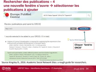 URFIST Nice – Identifiants chercheurs – P. Aventurier 5424 juin 2016
Clicquer ‘Send to
ORCID’
Rechercher des publications ...