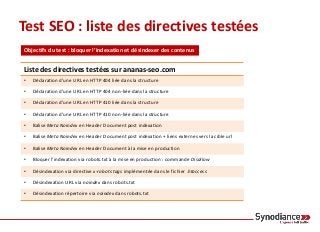Test SEO : liste des directives testées
Objectifs du test : bloquer l’indexation et désindexer des contenus
Liste des dire...