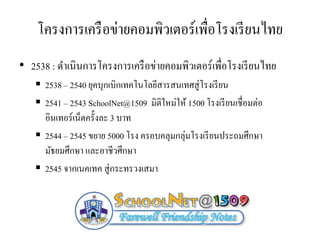 โครงการเครือข่ายคอมพิวเตอร์เพื่อโรงเรียนไทย
• 2538 : ดาเนินการโครงการเครือข่ายคอมพิวเตอร์เพื่อโรงเรียนไทย
 2538 – 2540 ยุคบุกเบิกเทคโนโลยีสารสนเทศสู่โรงเรียน
 2541 – 2543 SchoolNet@1509 มิติใหม่ให้ 1500 โรงเรียนเชื่อมต่อ
อินเทอร์เน็ตครั้งละ 3 บาท
 2544 – 2545 ขยาย 5000 โรง ครอบคลุมกลุ่มโรงเรียนประถมศึกษา
มัธยมศึกษา และอาชีวศึกษา
 2545 จากเนคเทค สู่กระทรวงเสมา
 