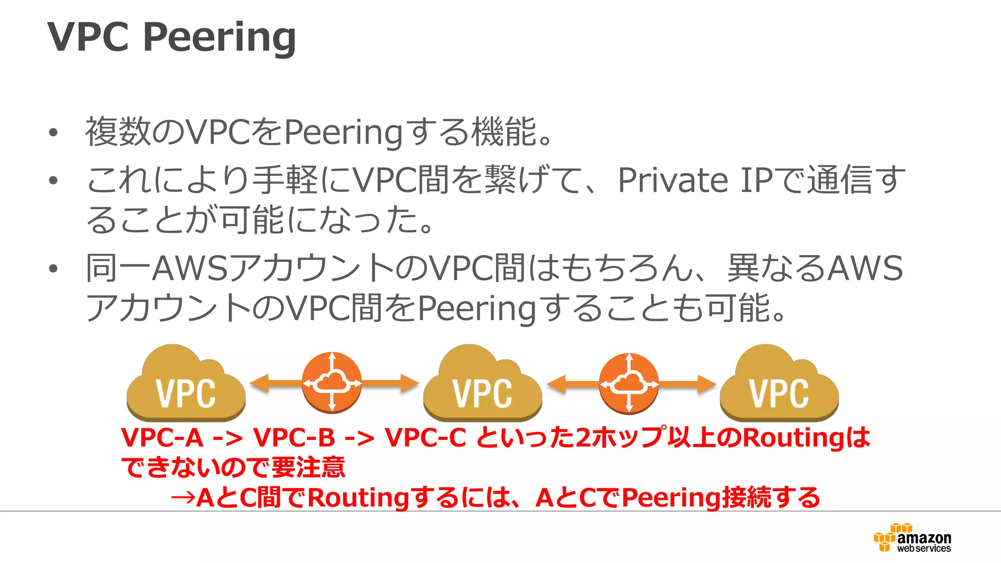 VPC Peering
• 複数のVPCをPeeringする機能。
• これにより⼿手軽にVPC間を繋げて、Private IPで通信す
ることが可能になった。
• 同⼀一AWSアカウントのVPC間はもちろん、異異なるAWS
アカウントのVPC間をPeeringすることも可能。
VPC-A -> VPC-B -> VPC-C といった2ホップ以上のRoutingは
できないので要注意
→AとC間でRoutingするには、AとCでPeering接続する
 