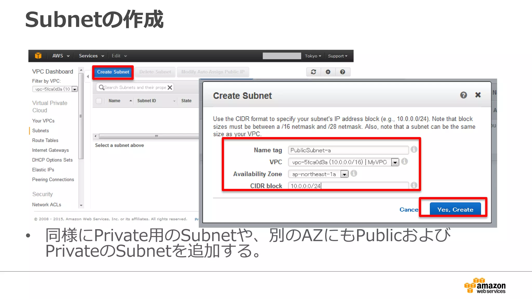 Subnetの作成
• 同様にPrivate⽤用のSubnetや、別のAZにもPublicおよび
PrivateのSubnetを追加する。
 