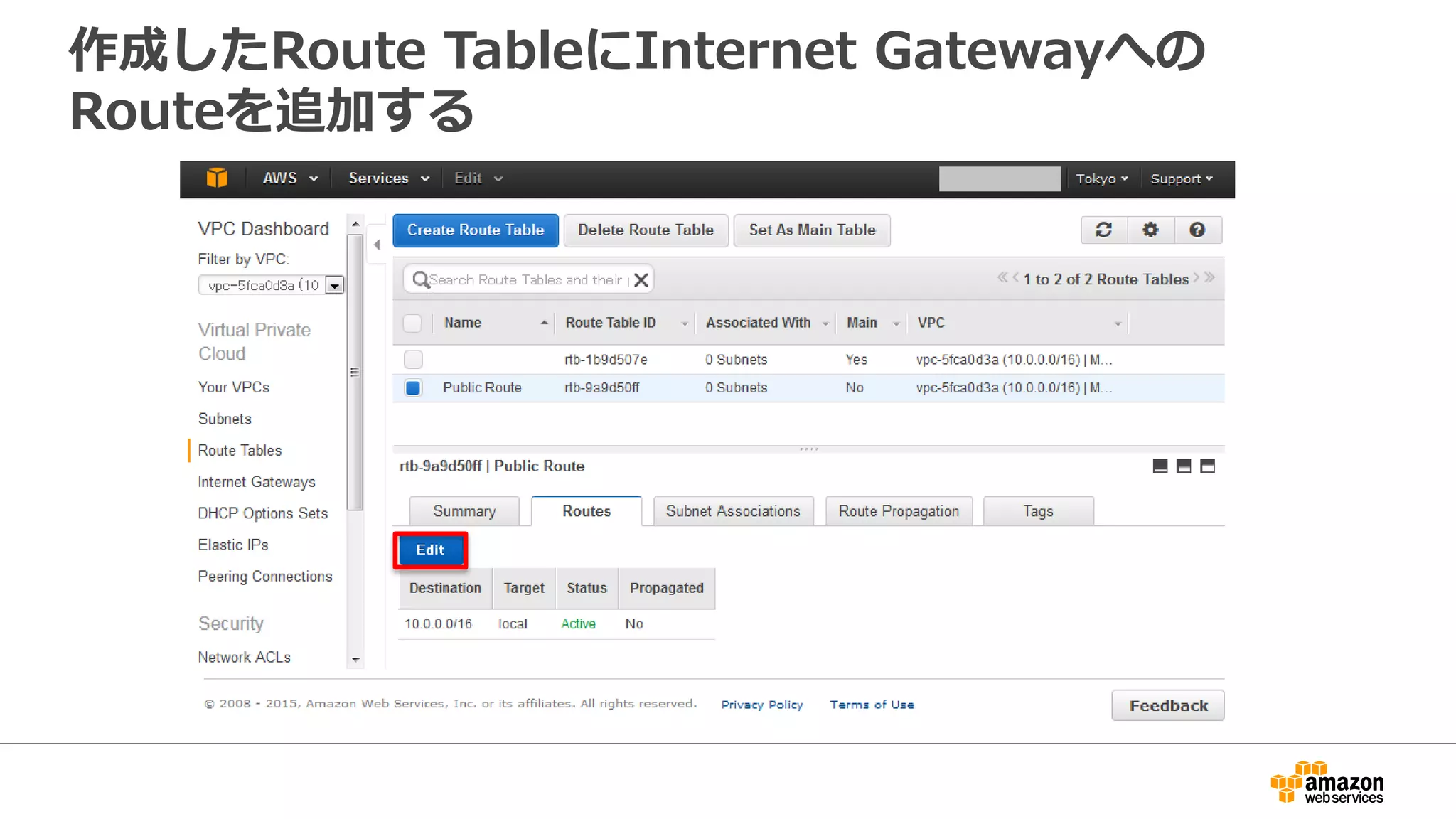 作成したRoute TableにInternet Gatewayへの
Routeを追加する
 