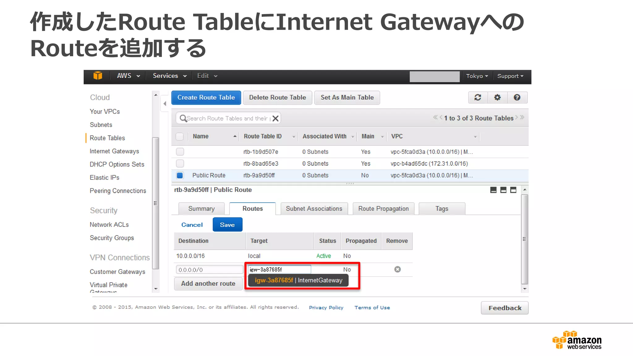 作成したRoute TableにInternet Gatewayへの
Routeを追加する
 
