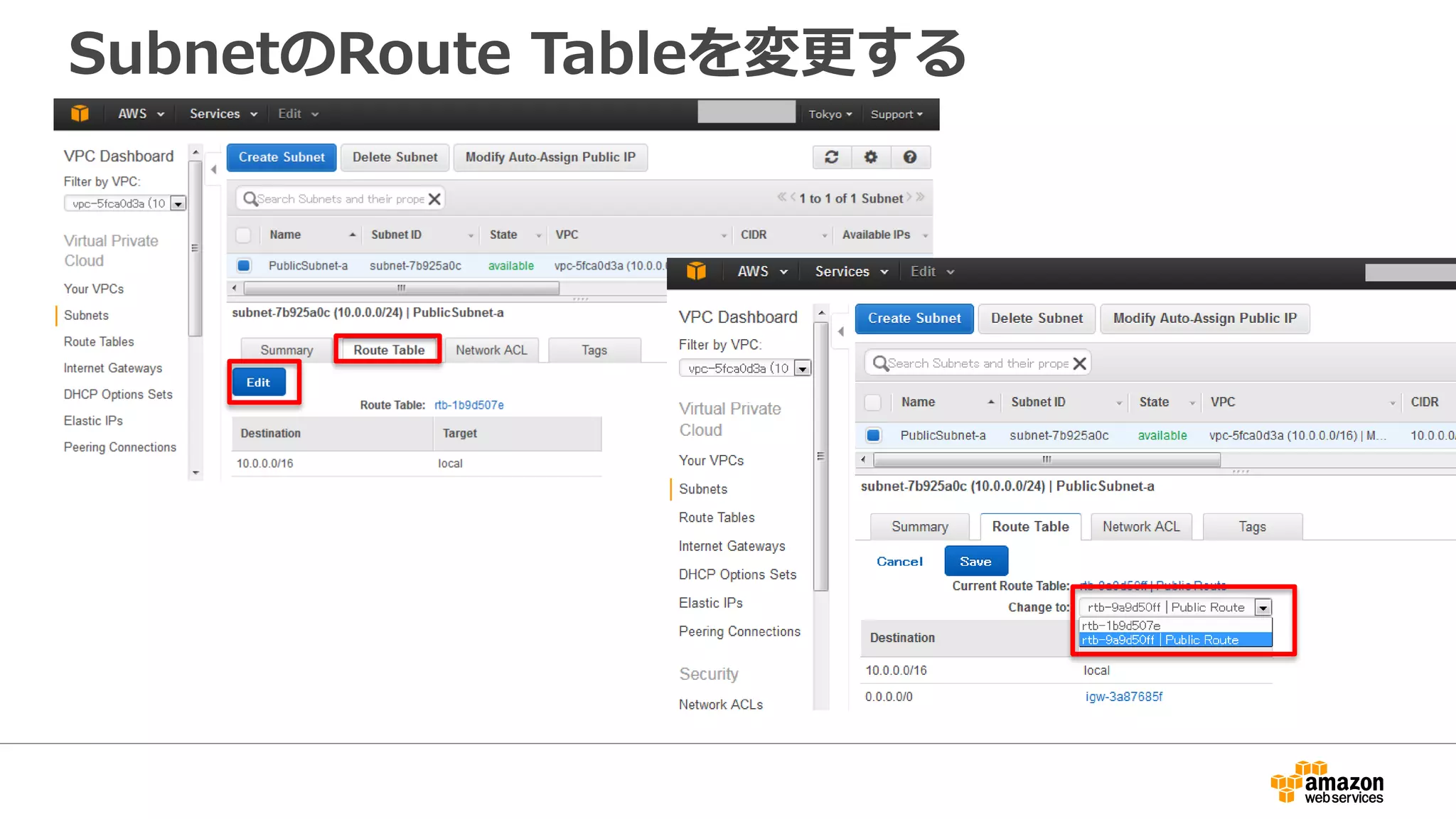 SubnetのRoute Tableを変更更する
 