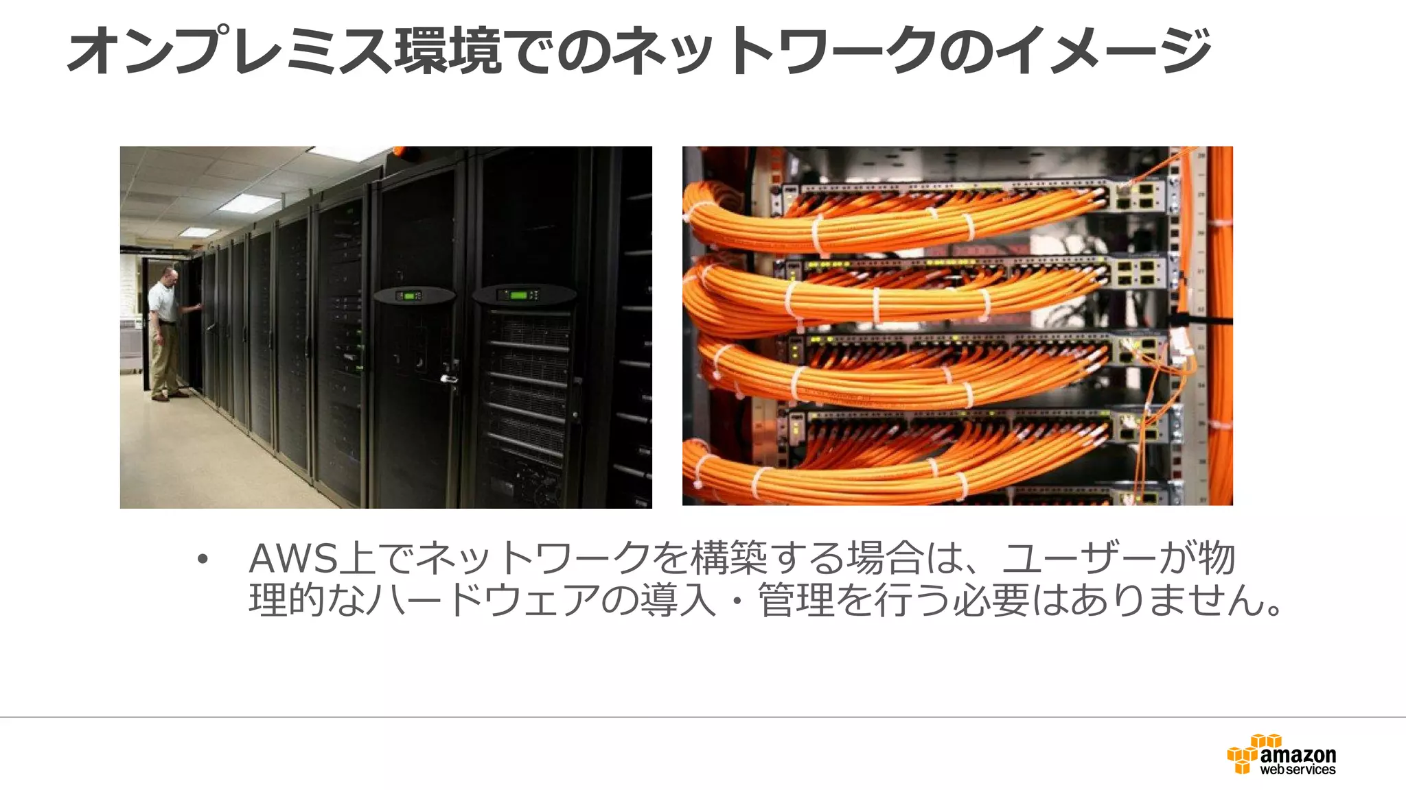 オンプレミス環境でのネットワークのイメージ
• AWS上でネットワークを構築する場合は、ユーザーが物
理理的なハードウェアの導⼊入・管理理を⾏行行う必要はありません。
 