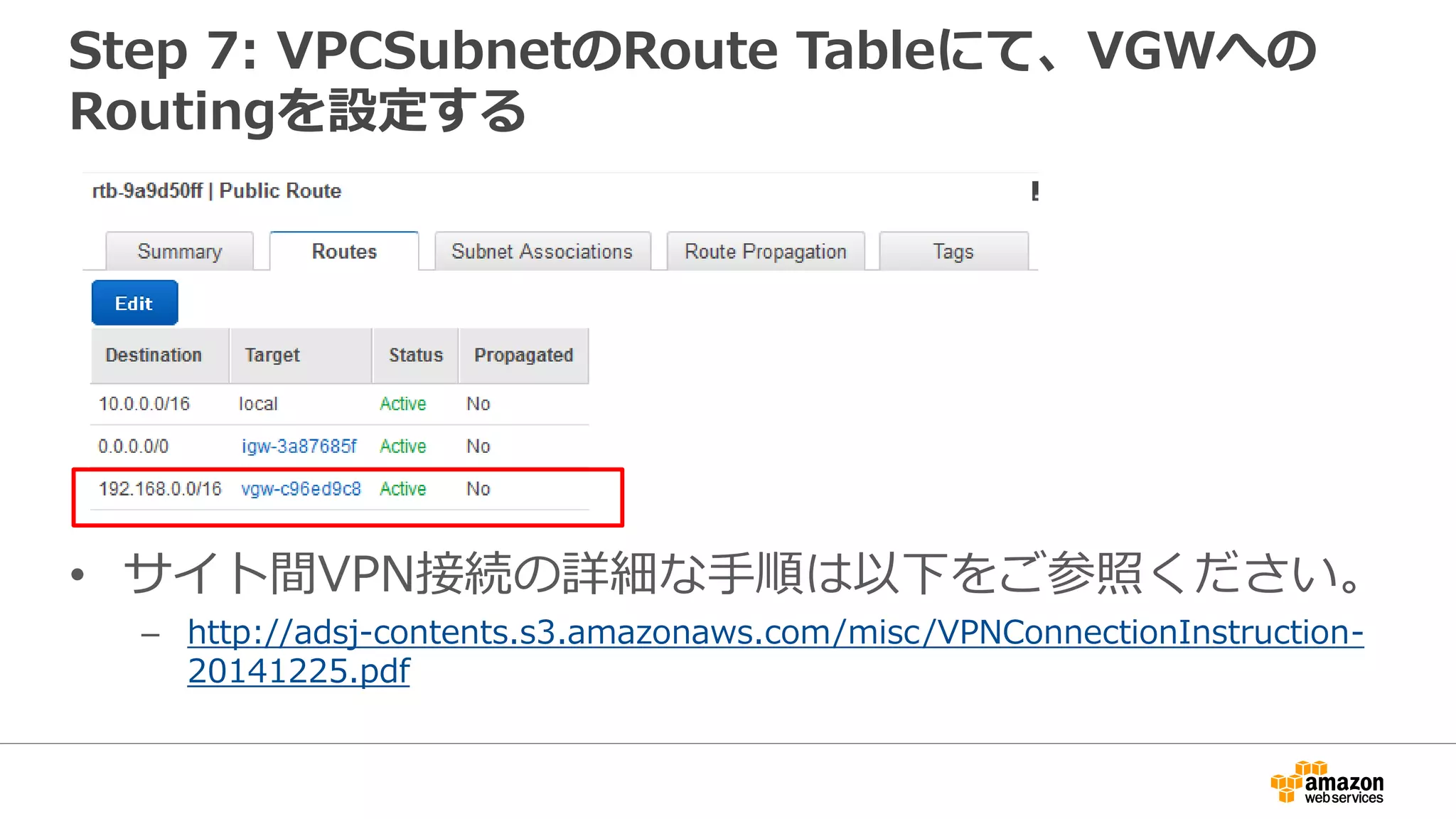 Step 7: VPCSubnetのRoute Tableにて、VGWへの
Routingを設定する
• サイト間VPN接続の詳細な⼿手順は以下をご参照ください。
– http://adsj-contents.s3.amazonaws.com/misc/VPNConnectionInstruction-
20141225.pdf
 