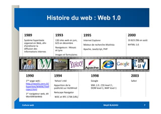Histoire du web : Web 1.0
Histoire du web : Web 1.0
1995
Internet Explorer
Moteur de recherche AltaVista
Apache, JavaScript, PHP
1993
130 sites web en juin,
623 en décembre
Navigateurs : Mosaic
et Lynx
Images et formulaires
2000
19 823 296 en août
XHTML 1.0
1989
Système hypertexte
organisé en Web, afin
d’améliorer la
diffusion des
informations internes
Mejdi BLAGHGI
Mejdi BLAGHGI
Culture web
Culture web 7
7
1990
1ère page web :
http://nxoc01.cern.ch/
hypertext/WWW/TheP
roject.html
1er navigateur web, dit
WorldWideWeb
1994
Yahoo! créé
Apparition de la
publicité sur HotWired
Netscape Navigator
W3C et RFC 1738 (URL)
1998
Google
XML 1.0 ; CSS level 2 ;
DOM level 1, WAP level 1
2003
Safari
 