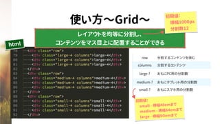 使い方〜Grid〜
レイアウトを均等に分割し、
コンテンツをマス目上に配置することができる
初期値：
　横幅1000px
　分割数12
row 分割するコンテンツを挟む
columns 分割するコンテンツ
large-? おもにPC用の分割数
medium-? おもにタブレット用の分割数
small-? おもにスマホ用の分割数
初期値：
　small - 横幅40emまで
　medium - 横幅64emまで
　large - 横幅９０emまで
html
 