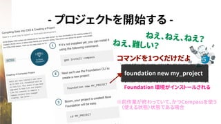 - プロジェクトを開始する -
foundation new my_project
ねえ、ねえ、ねえ？
コマンドを1つくだけだよ
ねえ、難しい？
Foundation 環境がインストールされる
※前作業が終わっていて、かつCompassを使う
　（使える状態）状態である場合
 
