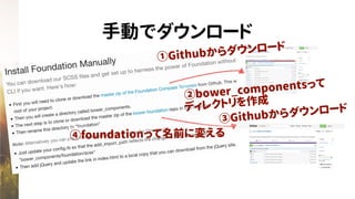 手動でダウンロード
①Githubからダウンロード
②bower_componentsって
ディレクトリを作成
③Githubからダウンロード
④foundationって名前に変える
 