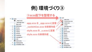 例) 環境づくり③
③scss配下を整理する
app.scss を _app.scss に変更
style.scss を _s.scss に変更
_customize.scss を新規作成
style.scss を新規作成
 