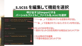 _s.scss を編集して機能を選択
_s で定義されている変数を呼び出し
_s で定義されているミックスインを呼び出し
リセットCSSを呼び出し
※他のリセットCSSを利用する場合はコメントアウト
呼び出す（@import）する
パーシャルファイル（_ファイル名.scss）を選択
これ以降の行を編集
※不要の場合はコメントアウト
 
