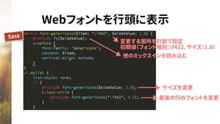 Webフォントを行頭に表示
変更する箇所を引数で設定
初期値（フォント種別：f422、サイズ：1.6）
サイズを変更
最後の行のフォントを変更
他のミックスインを読み込む
Sass
 