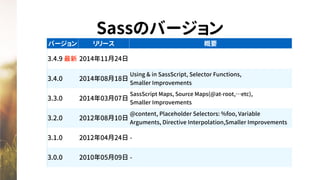 Sassのバージョン
バージョン リリース 概要
3.4.9 最新 2014年11月24日
3.4.0 2014年08月18日
Using & in SassScript, Selector Functions,
Smaller Improvements
3.3.0 2014年03月07日
SassScript Maps, Source Maps(@at-root,…etc),
Smaller Improvements
3.2.0 2012年08月10日
@content, Placeholder Selectors: %foo, Variable
Arguments, Directive Interpolation,Smaller Improvements
3.1.0 2012年04月24日 -
3.0.0 2010年05月09日 -
 