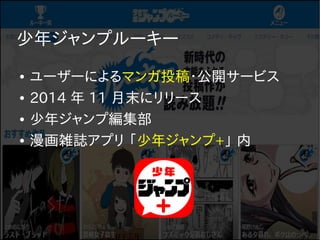 少年ジャンプルーキー
● ユーザーによるマンガ投稿・公開サービス
● 2014 年 11 月末にリリース
● 少年ジャンプ編集部
● 漫画雑誌アプリ 「少年ジャンプ+」 内
 