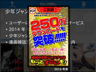 少年ジャンプルーキー
● ユーザーによるマンガ投稿・公開サービス
● 2014 年 11 月末にリリース
● 少年ジャンプ編集部
● 漫画雑誌アプリ 「少年ジャンプ+」 内
2014 年末
 