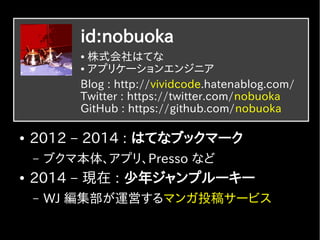 id:nobuoka
Blog : http://vividcode.hatenablog.com/
Twitter : https://twitter.com/nobuoka
GitHub : https://github.com/nobuo...