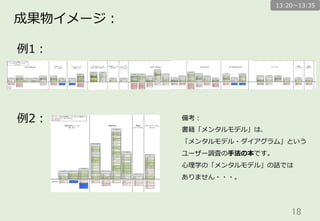 18	
成果物イメージ：
例例1：
例例2：
13:20〜～13:35
備考：
書籍「メンタルモデル」は、
「メンタルモデル・ダイアグラム」という
ユーザー調査の⼿手法の本です。
⼼心理理学の「メンタルモデル」の話では
ありません・・・。
 