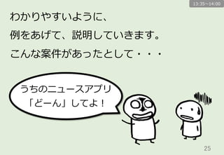 25	
わかりやすいように、
例例をあげて、説明していきます。
こんな案件があったとして・・・
うちのニュースアプリ
「どーん」してよ！
13:35〜～14:00
 