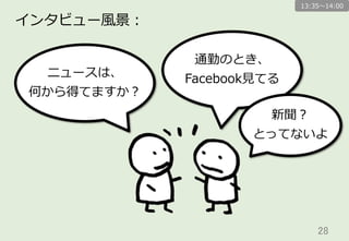 28	
ニュースは、
何から得てますか？
通勤のとき、
Facebook⾒見見てる
新聞？
とってないよ
インタビュー⾵風景：
13:35〜～14:00
 