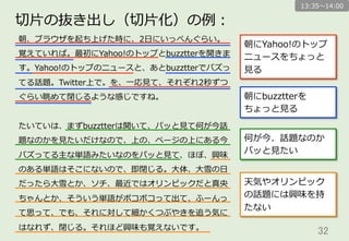 32	
切切⽚片の抜き出し（切切⽚片化）の例例：
朝、ブラウザを起ち上げた時に、2⽇日にいっぺんぐらい。
覚えていれば。最初にYahoo!のトップとbuzztterを開きま
す。Yahoo!のトップのニュースと、あとbuzztterでバズっ
てる話題。Twitter上で。を、⼀一応⾒見見て、それぞれ2秒ずつ
ぐらい眺めて閉じるような感じですね。
たいていは、まずbuzztterは開いて、パッと⾒見見て何が今話
題なのかを⾒見見たいだけなので、上の、ページの上にある今
バズってる主な単語みたいなのをパッと⾒見見て、ほぼ、興味
のある単語はそこにないので、即閉じる。⼤大体、⼤大雪の⽇日
だったら⼤大雪とか、ソチ、最近ではオリンピックだと真央
ちゃんとか、そういう単語がボコボコって出て、ふーんっ
て思って、でも、それに対して細かくつぶやきを追う気に
はなれず、閉じる。それほど興味も覚えないです。
朝にYahoo!のトップ
ニュースをちょっと
⾒見見る
朝にbuzztterを
ちょっと⾒見見る
天気やオリンピック
の話題には興味を持
たない
何が今、話題なのか
パッと⾒見見たい
13:35〜～14:00
 