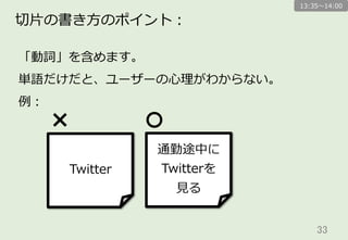 33	
切切⽚片の書き⽅方のポイント：
「動詞」を含めます。
単語だけだと、ユーザーの⼼心理理がわからない。
例例：
Twitter
通勤途中に
Twitterを
⾒見見る
13:35〜～14:00
単語だけ 動詞を含めた⽂文章
 