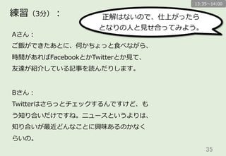 35	
練習（3分）：
Aさん：
ご飯ができたあとに、何かちょっと⾷食べながら、
時間があればFacebookとかTwitterとか⾒見見て、
友達が紹介している記事を読んだりします。
Bさん：
Twitterはさらっとチェックするんですけど、も
う知り合いだけですね。ニュースというよりは、
知り合いが最近どんなことに興味あるのかなく
らいの。
正解はないので、仕上がったら
となりの⼈人と⾒見見せ合ってみよう。
13:35〜～14:00
 