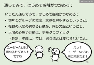 66	
通してみて、はじめて感触がつかめる：
いったん通してみて、はじめて感触がつかめる：
•  切切⽚片とグループの粒粒度度、⽂文脈を解釈するということ。
•  複数の⼈人間の異異なる⾏行行動が、同じ⽂文脈ということ。
•  ⼈人間の⼼心理理や⾏行行動は、デモグラフィック
（性別、年年齢...）では、思うほどは変わらないこと。
ユーザーAとBは
異異なるセグメント
ですね
えっ？
ユーザーAもBも
同じ⽂文脈だよ？
14:00〜～14:20
 