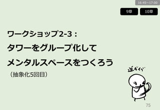 75	
ワークショップ2-‐‑‒3：
タワーをグループ化して
メンタルスペースをつくろう
（抽象化5回⽬目）
16:45〜～17:00
10章9章
 