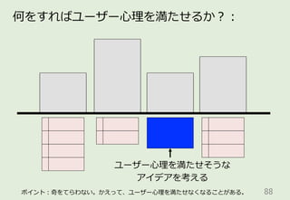 88	
何をすればユーザー⼼心理理を満たせるか？：
ユーザー⼼心理理を満たせそうな
アイデアを考える
ポイント：奇をてらわない。かえって、ユーザー⼼心理理を満たせなくなることがある。
 