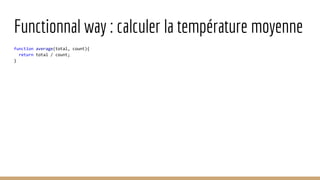 Functionnal way : calculer la température moyenne
function average(total, count){
return total / count;
}
function average...