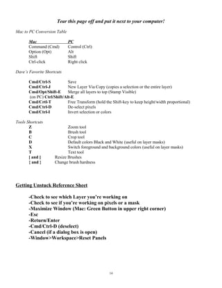 Tear this page off and put it next to your computer!
Mac to PC Conversion Table
Mac PC
Command (Cmd) Control (Ctrl)
Option (Opt) Alt
Shift Shift
Ctrl-click Right click
Dave’s Favorite Shortcuts
Cmd/Ctrl-S Save
Cmd/Ctrl-J New Layer Via Copy (copies a selection or the entire layer)
Cmd/Opt/Shift-E Merge all layers to top (Stamp Visible)
(on PC) Ctrl/Shift/Alt-E
Cmd/Crtl-T Free Transform (hold the Shift-key to keep height/width proportional)
Cmd/Ctrl-D De-select pixels
Cmd/Ctrl-I Invert selection or colors
Tools Shortcuts
Z Zoom tool
B Brush tool
C Crop tool
D Default colors Black and White (useful on layer masks)
X Switch foreground and background colors (useful on layer masks)
T Text tool
[ and ] Resize Brushes
{ and } Change brush hardness
Getting Unstuck Reference Sheet
-Check to see which Layer you’re working on
-Check to see if you’re working on pixels or a mask
-Maximize Window (Mac: Green Button in upper right corner)
-Esc
-Return/Enter
-Cmd/Ctrl-D (deselect)
-Cancel (if a dialog box is open)
-Window>Workspace>Reset Panels
14
 