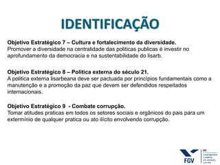 IDENTIFICAÇÃO
Objetivo Estratégico 7 – Cultura e fortalecimento da diversidade.
Promover a diversidade na centralidade das politicas publicas é investir no
aprofundamento da democracia e na sustentabilidade do lisarb.
Objetivo Estratégico 8 – Politica externa do século 21.
A politica externa lisarbeana deve ser pactuada por princípios fundamentais como a
manutenção e a promoção da paz que devem ser defendidos respeitados
internacionais.
Objetivo Estratégico 9 - Combate corrupção.
Tomar atitudes praticas em todos os setores sociais e orgânicos do pais para um
extermínio de qualquer pratica ou ato ilícito envolvendo corrupção.
 