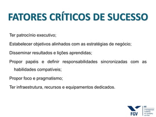 FATORES CRÍTICOS DE SUCESSO
Ter patrocínio executivo;
Estabelecer objetivos alinhados com as estratégias de negócio;
Disseminar resultados e lições aprendidas;
Propor papéis e definir responsabilidades sincronizadas com as
habilidades compatíveis;
Propor foco e pragmatismo;
Ter infraestrutura, recursos e equipamentos dedicados.
 