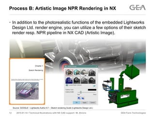 GEA Farm Technologies12 2015-01-14 / Technical Illustrations with NX CAD support / M. Ahrens
Process B: Artistic Image NPR Rendering in NX
• In addition to the photorealistic functions of the embedded Lightworks
Design Ltd. render engine, you can utilize a few options of their sketch
render resp. NPR pipeline in NX CAD (Artistic Image).
Source: GOOGLE - Lightworks Author 9.1 – Sketch rendering Guide (Lightworks Design Ltd.)
 