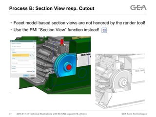 GEA Farm Technologies31 2015-01-14 / Technical Illustrations with NX CAD support / M. Ahrens
Process B: Section View resp. Cutout
• Facet model based section views are not honored by the render tool!
• Use the PMI “Section View” function instead!
 