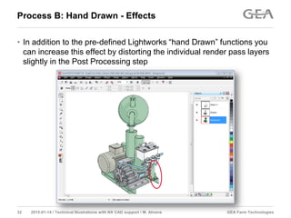 GEA Farm Technologies32 2015-01-14 / Technical Illustrations with NX CAD support / M. Ahrens
Process B: Hand Drawn - Effects
• In addition to the pre-defined Lightworks “hand Drawn” functions you
can increase this effect by distorting the individual render pass layers
slightly in the Post Processing step
 
