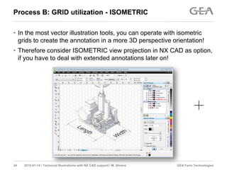 GEA Farm Technologies34 2015-01-14 / Technical Illustrations with NX CAD support / M. Ahrens
Process B: GRID utilization - ISOMETRIC
• In the most vector illustration tools, you can operate with isometric
grids to create the annotation in a more 3D perspective orientation!
• Therefore consider ISOMETRIC view projection in NX CAD as option,
if you have to deal with extended annotations later on!
 