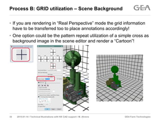 GEA Farm Technologies35 2015-01-14 / Technical Illustrations with NX CAD support / M. Ahrens
Process B: GRID utilization – Scene Background
• If you are rendering in “Real Perspective” mode the grid information
have to be transferred too to place annotations accordingly!
• One option could be the pattern repeat utilization of a simple cross as
background image in the scene editor and render a “Cartoon”!
 