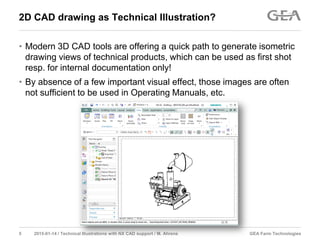 GEA Farm Technologies5 2015-01-14 / Technical Illustrations with NX CAD support / M. Ahrens
• Modern 3D CAD tools are offering a quick path to generate isometric
drawing views of technical products, which can be used as first shot
resp. for internal documentation only!
• By absence of a few important visual effect, those images are often
not sufficient to be used in Operating Manuals, etc.
2D CAD drawing as Technical Illustration?
 