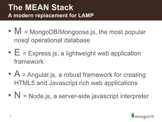 5
• M = MongoDB/Mongoose.js, the most popular
nosql operational database
• E = Express.js, a lightweight web application
framework
• A = Angular.js, a robust framework for creating
HTML5 and Javascript rich web applications
• N = Node.js, a server-side javascript interpreter
The MEAN Stack
A modern replacement for LAMP
 