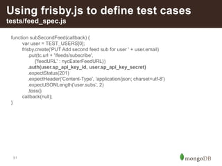 51
Using frisby.js to define test cases
tests/feed_spec.js
function subSecondFeed(callback) {
var user = TEST_USERS[0];
frisby.create('PUT Add second feed sub for user ' + user.email)
.put(tc.url + '/feeds/subscribe',
{'feedURL' : nycEaterFeedURL})
.auth(user.sp_api_key_id, user.sp_api_key_secret)
.expectStatus(201)
.expectHeader('Content-Type', 'application/json; charset=utf-8')
.expectJSONLength('user.subs', 2)
.toss()
callback(null);
}
 