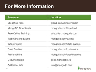 68
For More Information
Resource Location
My github repo github.com/ctindel/reader
MongoDB Downloads mongodb.com/download
Free Online Training education.mongodb.com
Webinars and Events mongodb.com/events
White Papers mongodb.com/white-papers
Case Studies mongodb.com/customers
Presentations mongodb.com/presentations
Documentation docs.mongodb.org
Additional Info info@mongodb.com
Resource Location
 