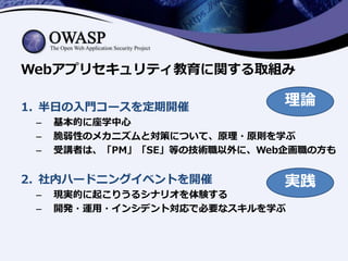 Webアプリセキュリティ教育に関する取組み
1. 半日の入門コースを定期開催
– 基本的に座学中心
– 脆弱性のメカニズムと対策について、原理・原則を学ぶ
– 受講者は、「PM」「SE」等の技術職以外に、Web企画職の方も
2. 社内ハードニングイベントを開催
– 現実的に起こりうるシナリオを体験する
– 開発・運用・インシデント対応で必要なスキルを学ぶ
理論
実践
 