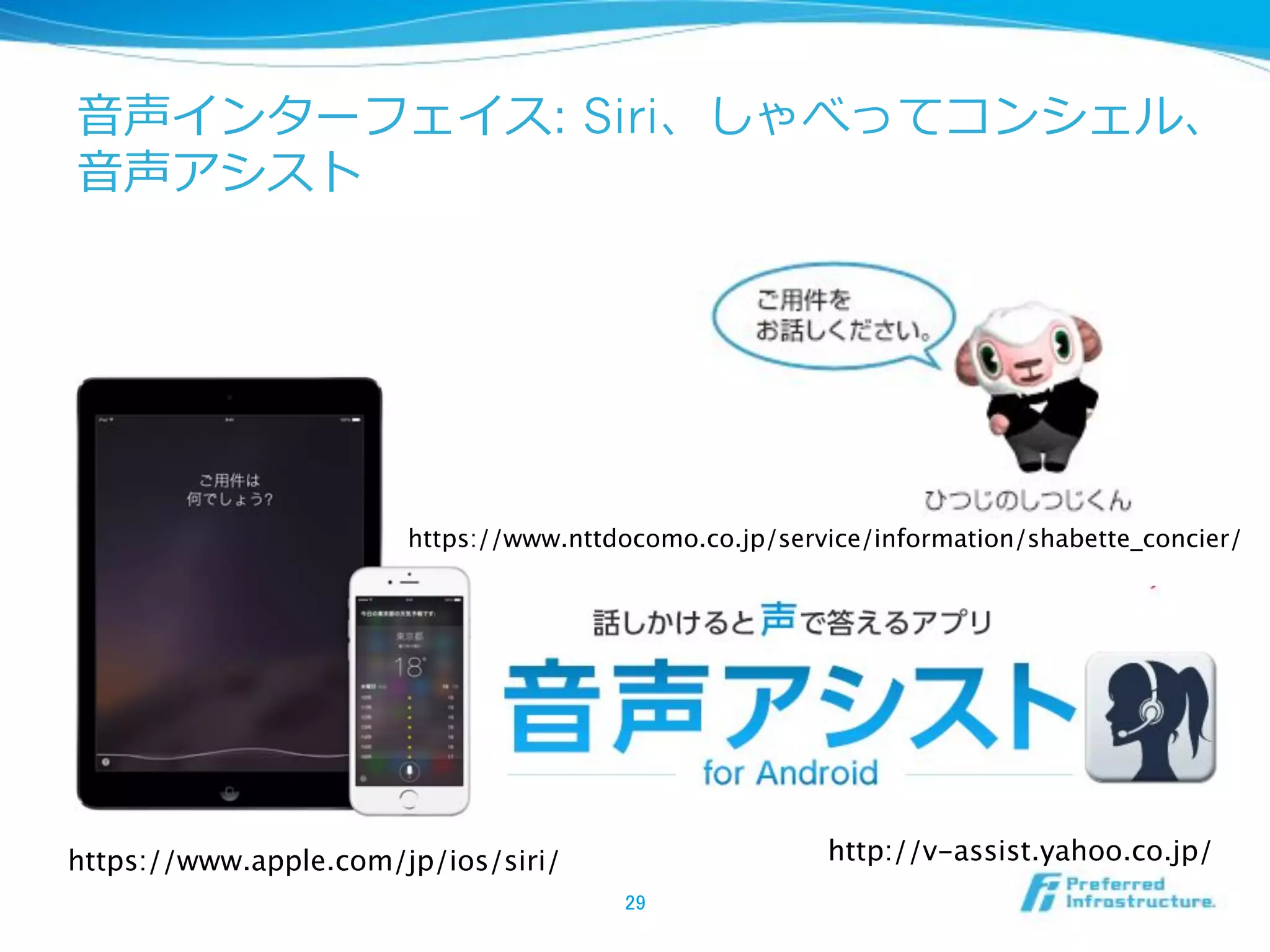 : Siri
https://www.apple.com/jp/ios/siri/ http://v-assist.yahoo.co.jp/
https://www.nttdocomo.co.jp/service/information/shabette_concier/
 