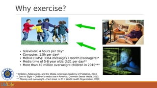 Why exercise?
* Children, Adolescents, and the Media. American Academy of Pediatrics, 2013.
** Zero to Eight – Children’s media use in America. Common Sense Media, 2013.
*** Obesity and overweight – Fact sheet no 311. World Health Organization, 2012.
● Television: 4 hours per day*
● Computer: 1.5h per day*
● Mobile (SMS): 3364 messages / month (teenagers)*
● Media time of 5-8 year olds: 2:21 per day**
● More than 40 million overweight children in 2010***
 