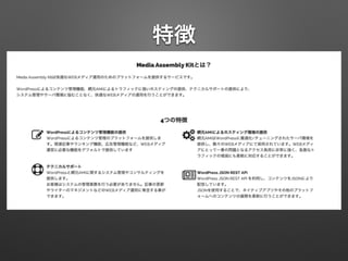 特徴
• WordPressによるコンテンツ管理機能
• 網元AMIによるトラフィックに強いホスティングの提供
• テクニカルサポートの提供
• WP JSON REST APIで提供しきれないでカバーしきれな
いエンドポイントの追加
 